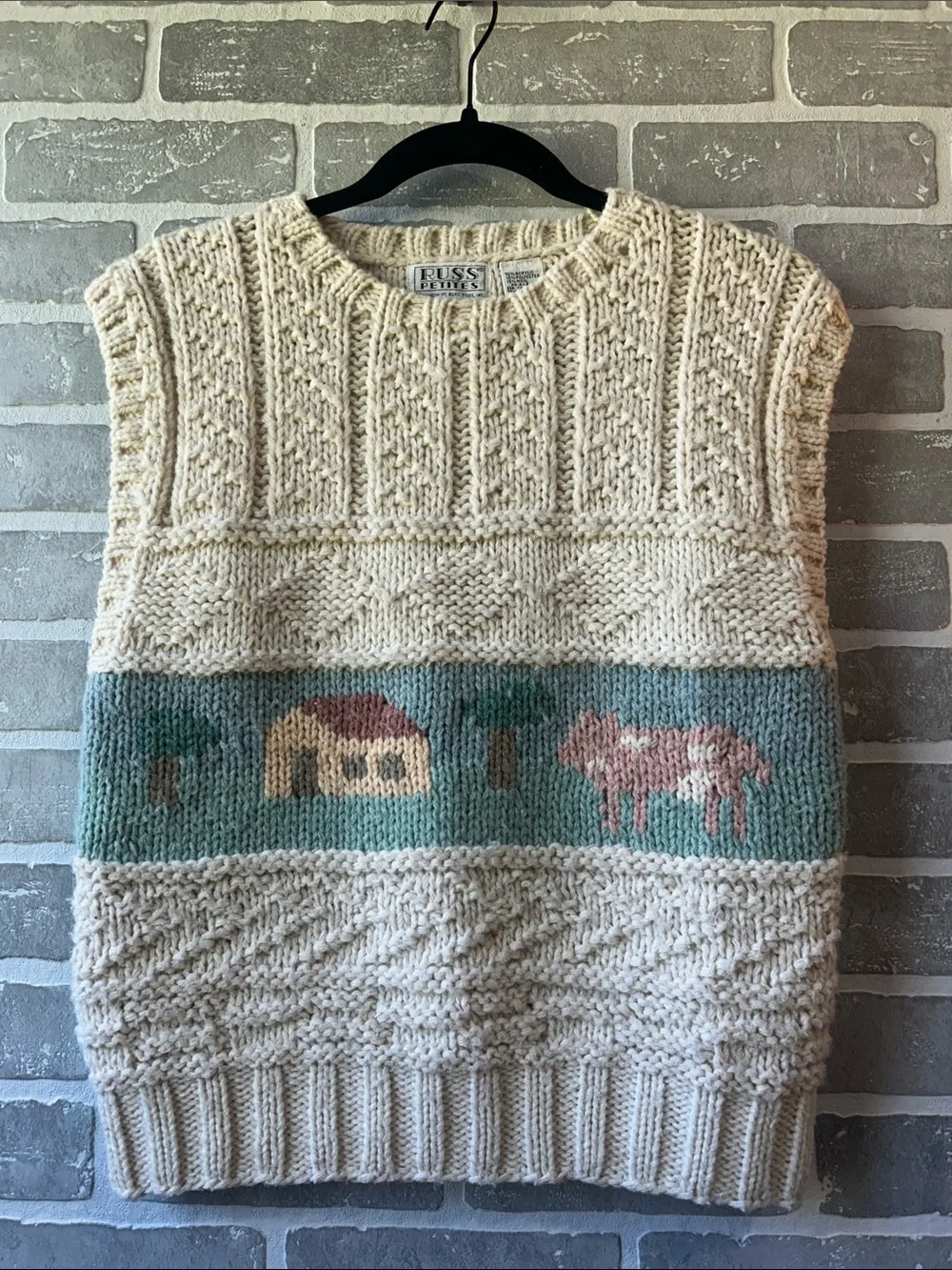 Vintage Russ Petites Cottagecore Sweater Vest Farm Sheep‎ Knit Size M